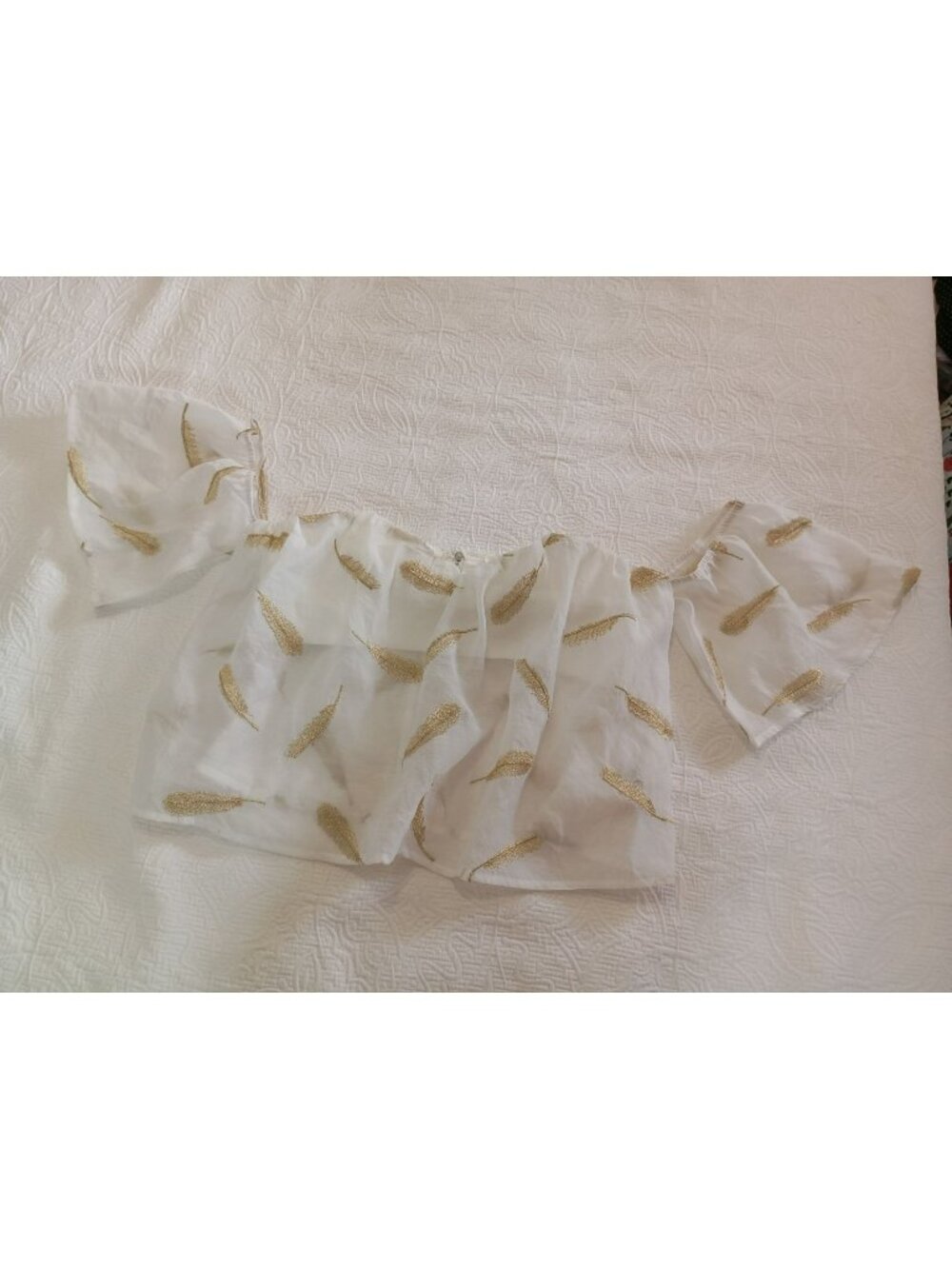 Jealous Tomato Crop Top Gold Feather White Sheer Off-Shoulder Top Large